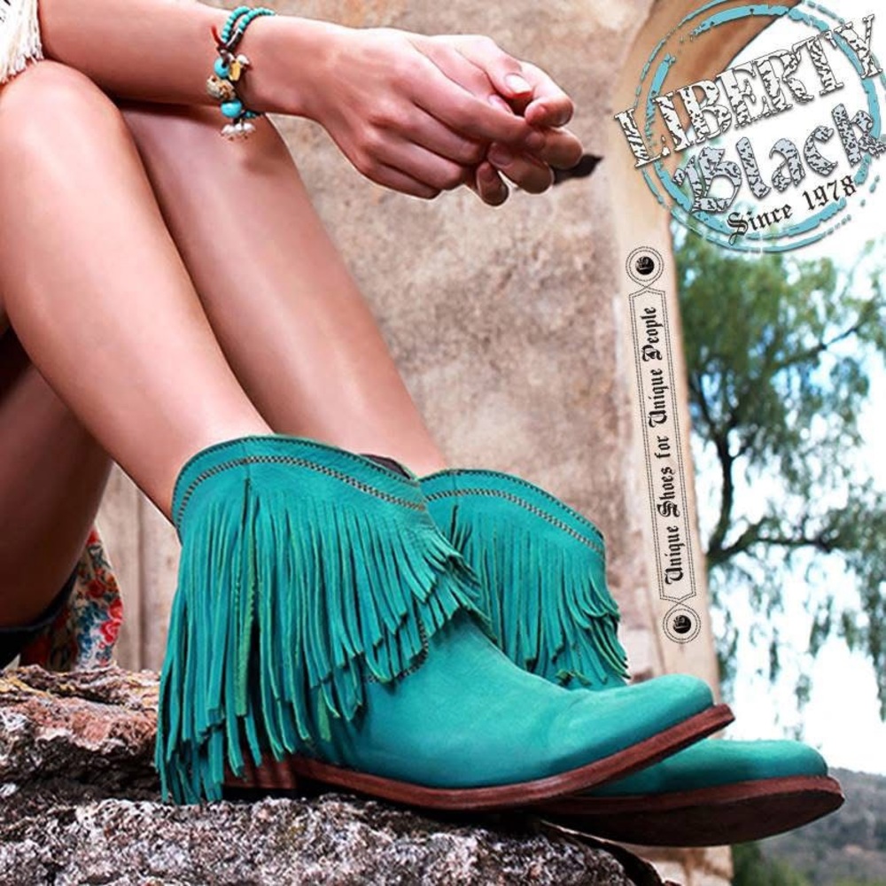 LIBERTY Black Women's Teal Fringe Ankle Boots • 8